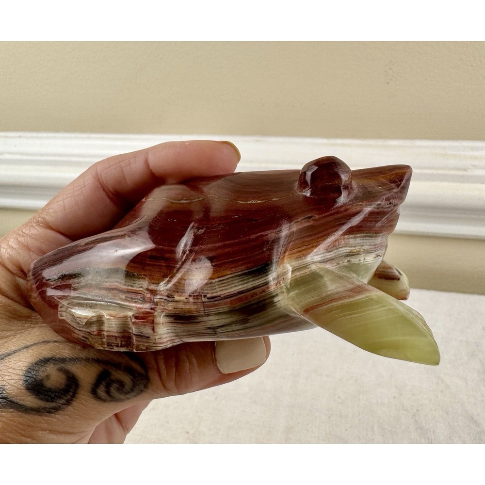 Vintage Hand Carved Banded Onyx Stone Frog Figurine Paperweight 5" Office Decor - Picture 9 of 11
